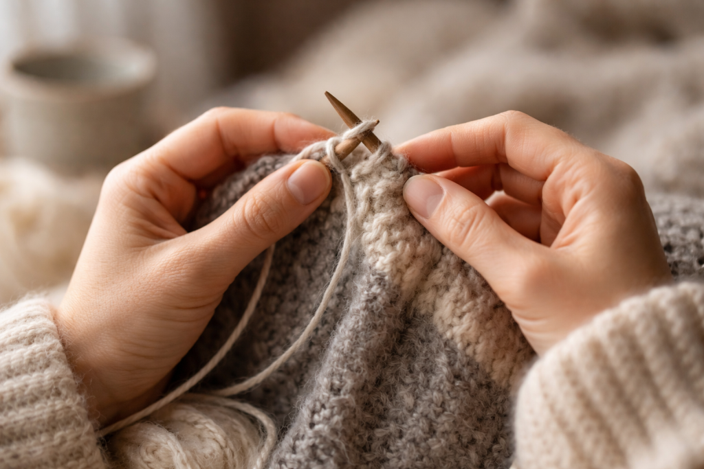 [light] Billede til mission/værdier: et roligt, næsten meditativt close-up af hænder, der arbejder langsomt med garn – fokus på hænder, garn og struktur, så det symboliserer fordybelse, ro og kreativitet.