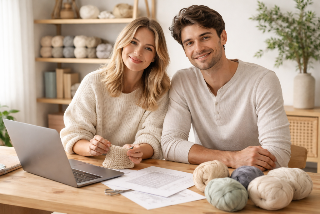 [light] Om os-billede: to kreative personer (en kvinde og en mand i 20’erne/30’erne) i et lille lyst hjemmestudie med garnhylder bagved. De står eller sidder ved et bord med strikketøj og laptop, afslappede og smilende på en naturlig måde, som om de planlægger nye opskrifter.