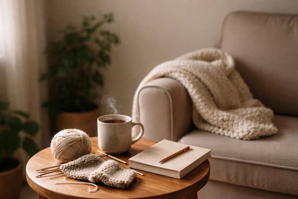 [light] Standard blog-header: et stemningsfuldt billede af en hyggekrog med strikketøj, en kop te og måske en notesbog på et lille bord ved siden af en stol. Det skal fungere som generisk header til mange typer indlæg.