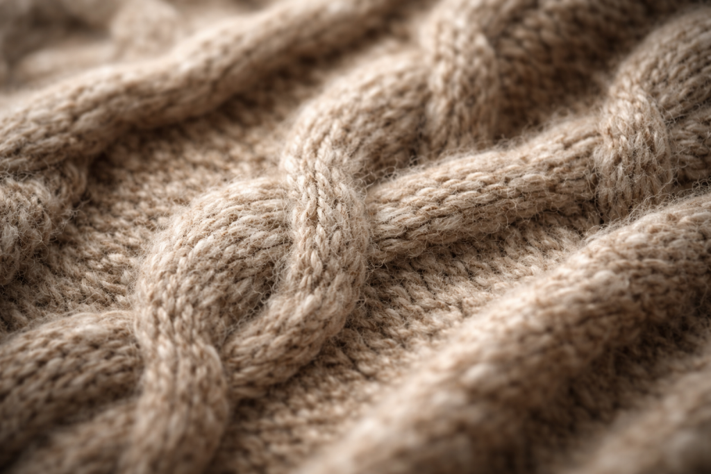 [light] Detaljebillede: ekstrem close-up af en smuk strikket struktur (fx rib eller snoninger) i lækkert garn, så man virkelig ser fibrene og håndværket. Kan bruges til at vise fokus på kvalitet og teknik.