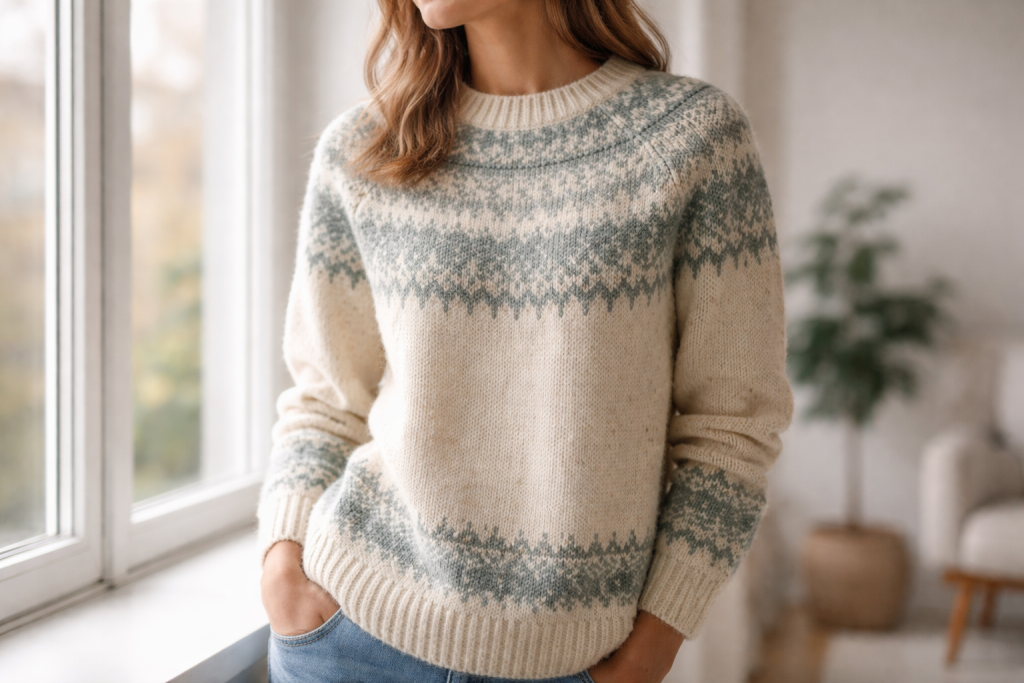 [light] Servicebillede til strikkeopskrifter: en person iført en hjemme-strikket sweater i smukt nordisk mønster, stående ved et vindue. Fokus på sweaterens detaljer og tekstur, ansigtet må gerne være delvist ude af fokus eller beskåret.