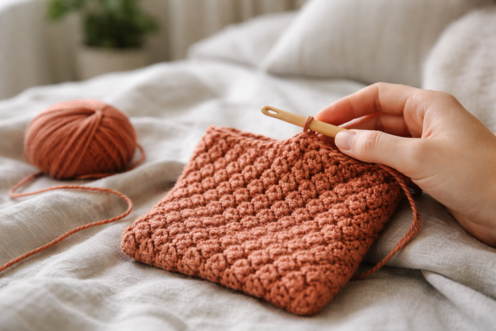 [light] Servicebillede til hækleopskrifter: et pænt arrangeret lille hækleprojekt, fx en hæklet taske eller pude, liggende på et bord eller seng. En hånd holder hæklenålen, så man tydeligt ser stingene og den kreative proces.