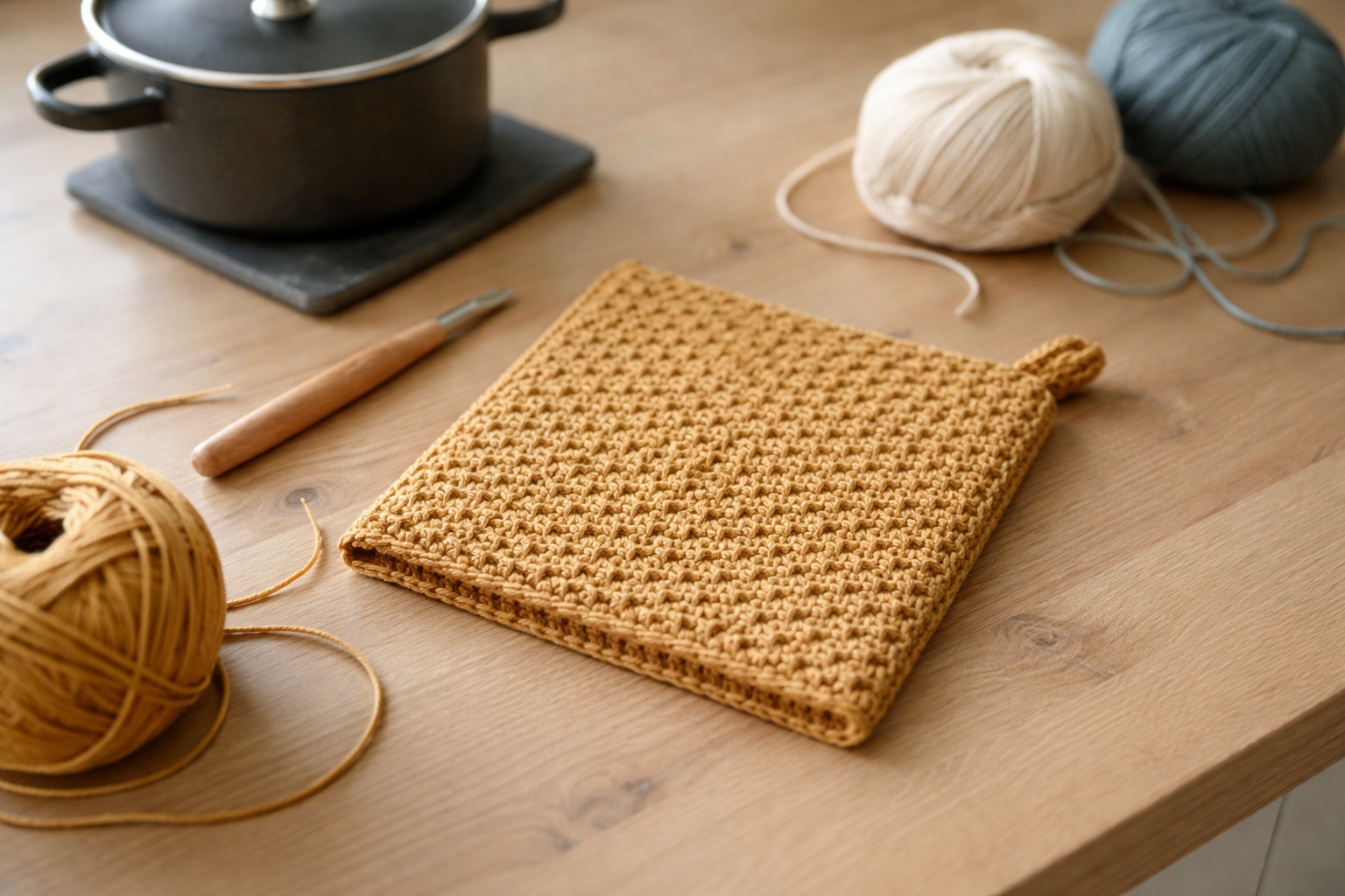 Suzette stitch grydelap - gratis opskrift, varmeisolering og garnvalg